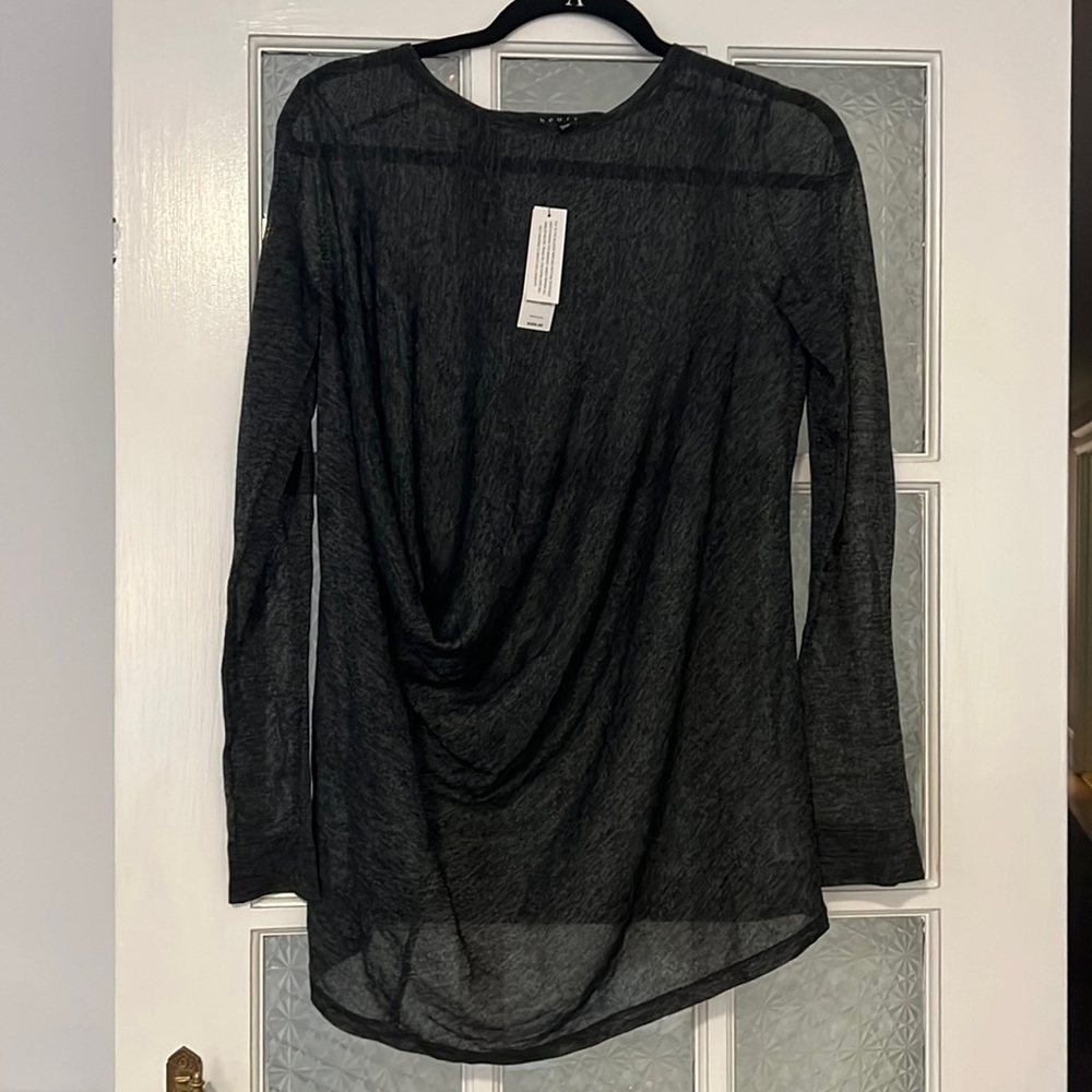 NEW THEORY Calvana Galaxy Long Sleeve Semi Sheer Tunic Sweater Top Charcoal Gray